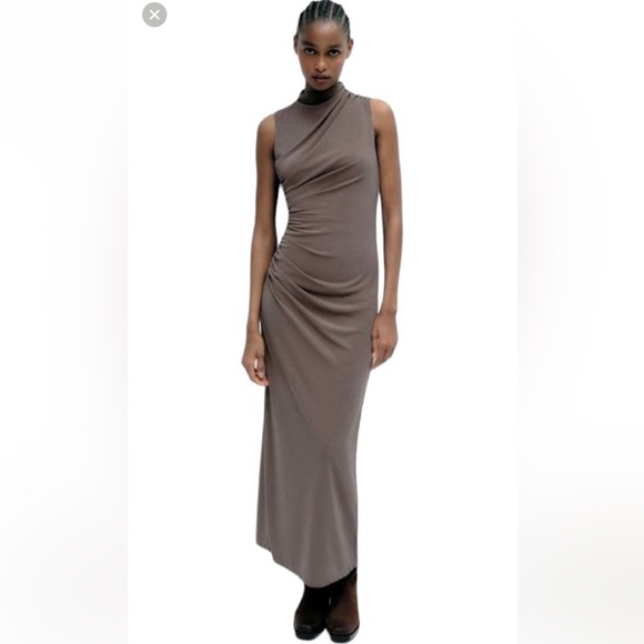 zara grey ruched dress | Dresses | Zara Mock Neck Draped Sleeveless Maxi Xs Midi dress